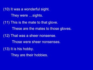 (10) It was a wonderful sight.
(11) This is the mate to that glove.
(12) That was a sheer nonsense.
(13) It is his hobby.
They were …sights.
These are the mates to those gloves.
Those were sheer nonsenses.
They are their hobbies.
 