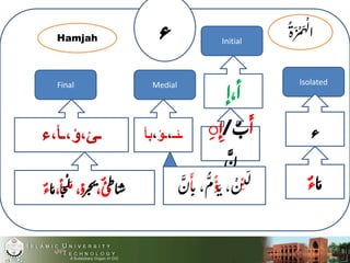 ‫ء‬
Isolated
Initial
MedialFinal
‫ء‬‫ـئـ‬،‫ـؤ‬،‫بأ‬‫ـئ،ؤ،ـأ،ء‬
‫أ،إ‬
ِ‫ط‬‫ا‬ َ‫س‬،‫ئ‬‫ر‬‫ج‬‫ن‬
َ‫م‬،‫ؤ‬َ‫ج‬
ْ
‫ل‬،‫أ‬‫ا‬َ‫م‬‫ء‬ ‫ا‬َ‫م‬‫ء‬
َ
‫أ‬ُ/ِ‫إ‬َِ
‫ن‬ َ
‫ل‬ِ‫ي‬َ‫ن‬، ْ‫ن‬‫ؤ‬ِ‫ن‬،‫م‬
َ
‫أ‬‫ن‬
ْ‫م‬
َ‫ه‬
ْ
‫ل‬‫ا‬َ‫ز‬‫ة‬Hamjah
 