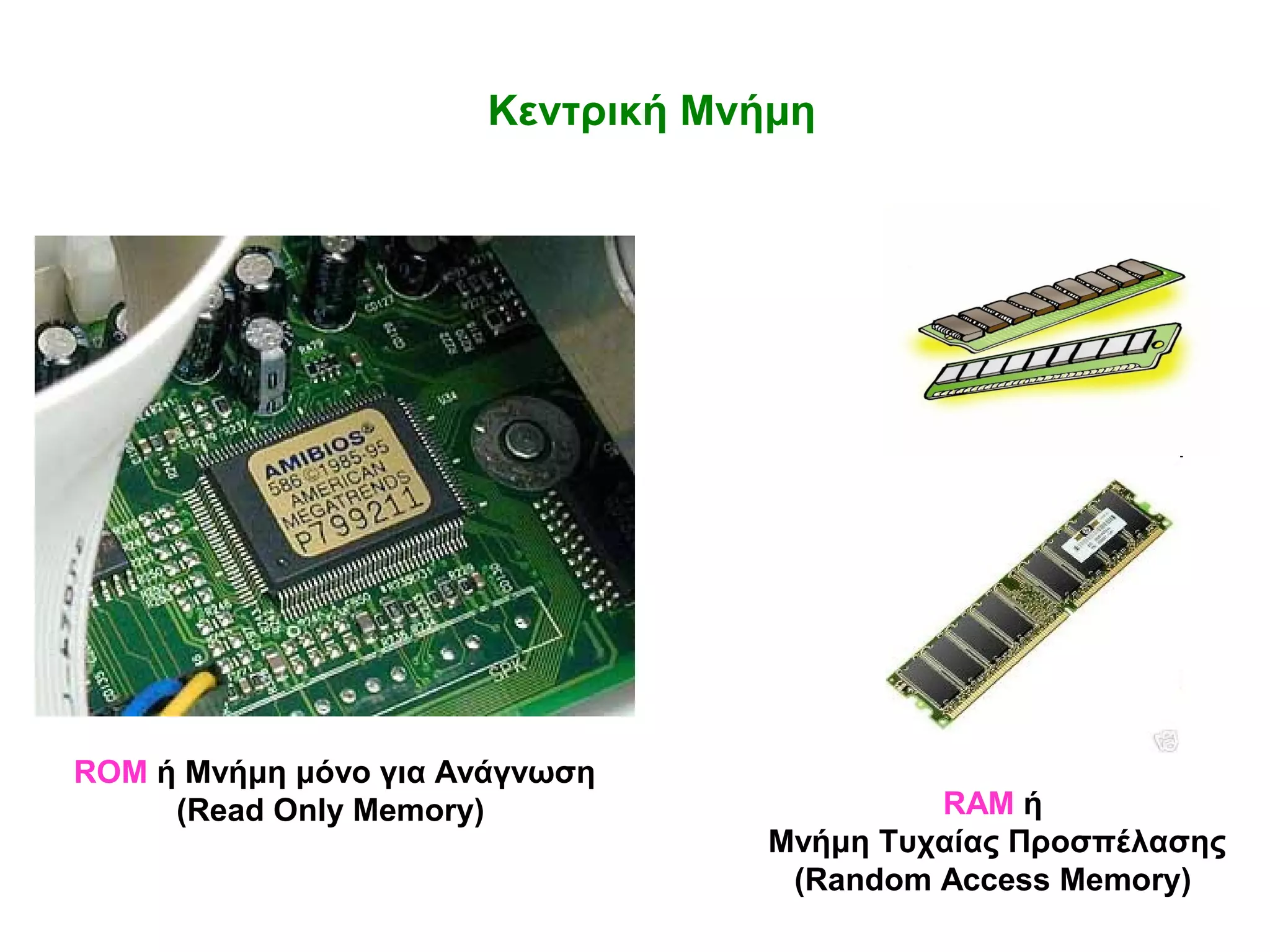 ΕΝΟΤΗΤΑ 1 – Κεφάλαιο 2: Το εσωτερικό του Υπολογιστή 
Κεντρική Μνήμη 
RAM ή 
Μνήμη Τυχαίας Προσπέλασης 
(Random Access Memory) 
ROM ή Μνήμη μόνο για Ανάγνωση 
(Read Only Memory) 
 