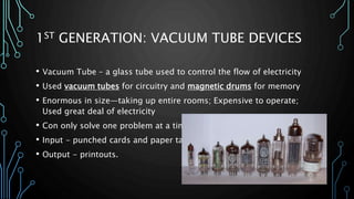 1ST GENERATION: VACUUM TUBE DEVICES 
• Vacuum Tube – a glass tube used to control the flow of electricity 
• Used vacuum tubes for circuitry and magnetic drums for memory 
• Enormous in size—taking up entire rooms; Expensive to operate; 
Used great deal of electricity 
• Con only solve one problem at a time 
• Input - punched cards and paper tape 
• Output - printouts. 
 