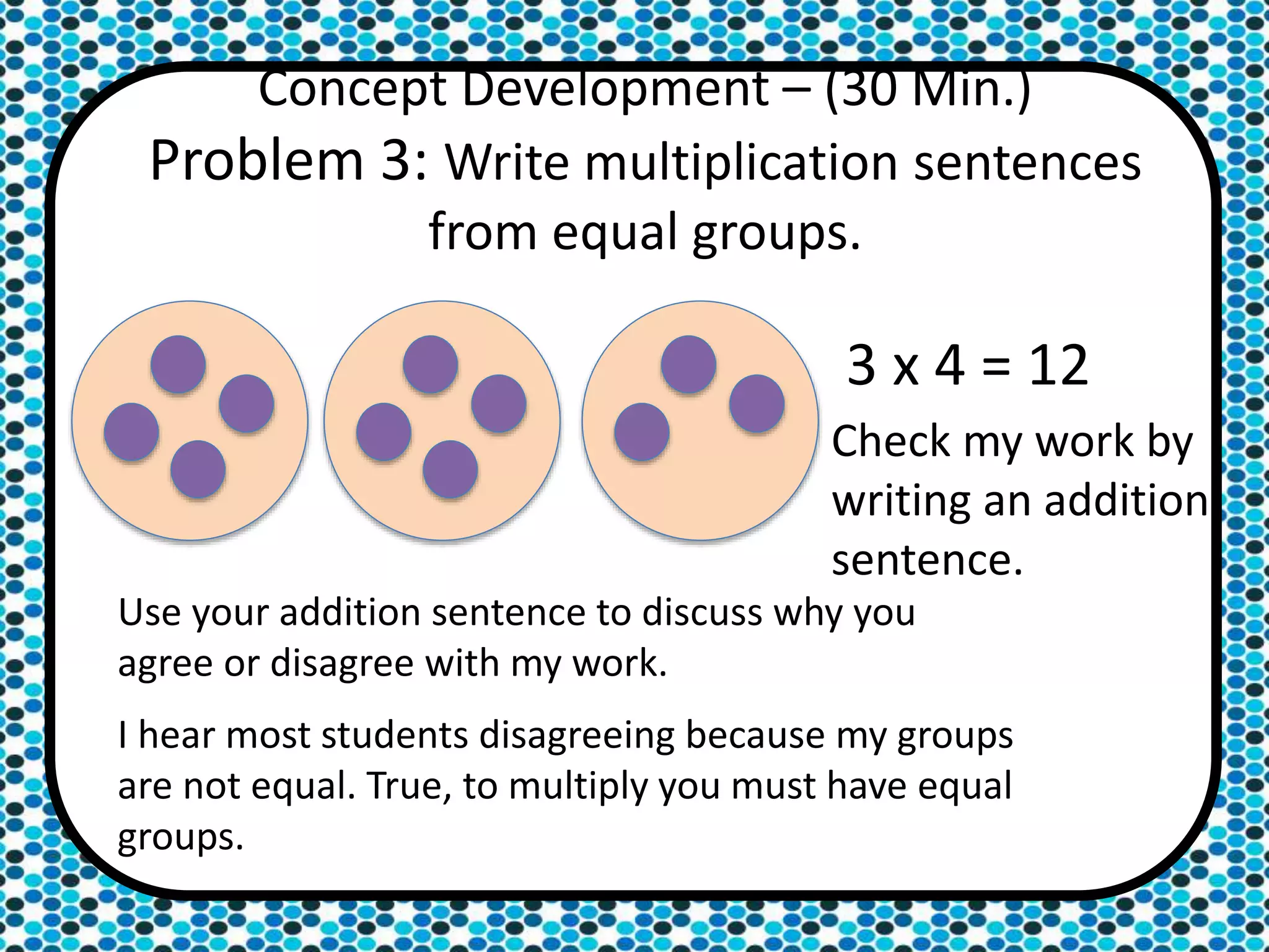 Concept Development – (30 Min.)
Problem 3: Write multiplication sentences
from equal groups.
3 x 4 = 12
Check my work by
writing an addition
sentence.
Use your addition sentence to discuss why you
agree or disagree with my work.
I hear most students disagreeing because my groups
are not equal. True, to multiply you must have equal
groups.
 