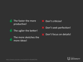 The	
  faster	
  the	
  more	
  
produc{ve!	
  
The	
  uglier	
  the	
  beOer!	
  
The	
  more	
  sketches	
  the	
  
more	
  ideas!	
  	
  
Don’t	
  cri{cize!	
  
Don’t	
  seek	
  perfec{on!	
  
Don’t	
  focus	
  on	
  details!	
  	
  
	
  
hOp://www.youtube.com/watch?v=ﬂJtdkR1P9I	
  
 