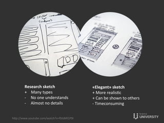 Research	
  sketch	
  
+	
  	
  	
  	
  Many	
  types	
  
-­‐  No	
  one	
  understands	
  
-­‐  Almost	
  no	
  details	
  
«Elegant»	
  sketch	
  
+	
  More	
  realis{c	
  
+	
  Can	
  be	
  shown	
  to	
  others	
  
-­‐	
  Timeconsuming	
  
hOp://www.youtube.com/watch?v=ﬂJtdkR1P9I	
  
 