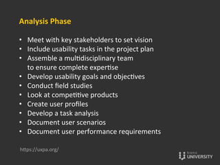 Analysis	
  Phase	
  
	
  
•  Meet	
  with	
  key	
  stakeholders	
  to	
  set	
  vision	
  
•  Include	
  usability	
  tasks	
  in	
  the	
  project	
  plan	
  
•  Assemble	
  a	
  mul{disciplinary	
  team	
  	
  
to	
  ensure	
  complete	
  exper{se	
  
•  Develop	
  usability	
  goals	
  and	
  objec{ves	
  
•  Conduct	
  ﬁeld	
  studies	
  
•  Look	
  at	
  compe{{ve	
  products	
  
•  Create	
  user	
  proﬁles	
  
•  Develop	
  a	
  task	
  analysis	
  
•  Document	
  user	
  scenarios	
  
•  Document	
  user	
  performance	
  requirements	
  
hOps://uxpa.org/	
  
 