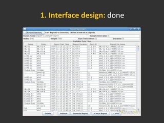 1.	
  Interface	
  design:	
  done	
  
 