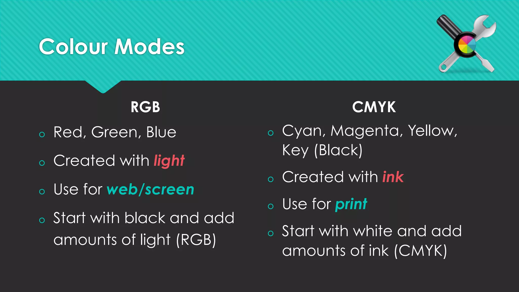 Colour Modes
RGB CMYK
š  Red, Green, Blue
š  Created with light
š  Use for web/screen
š  Start with black and add
amounts of light (RGB)
š  Cyan, Magenta, Yellow,
Key (Black)
š  Created with ink
š  Use for print
š  Start with white and add
amounts of ink (CMYK)
 