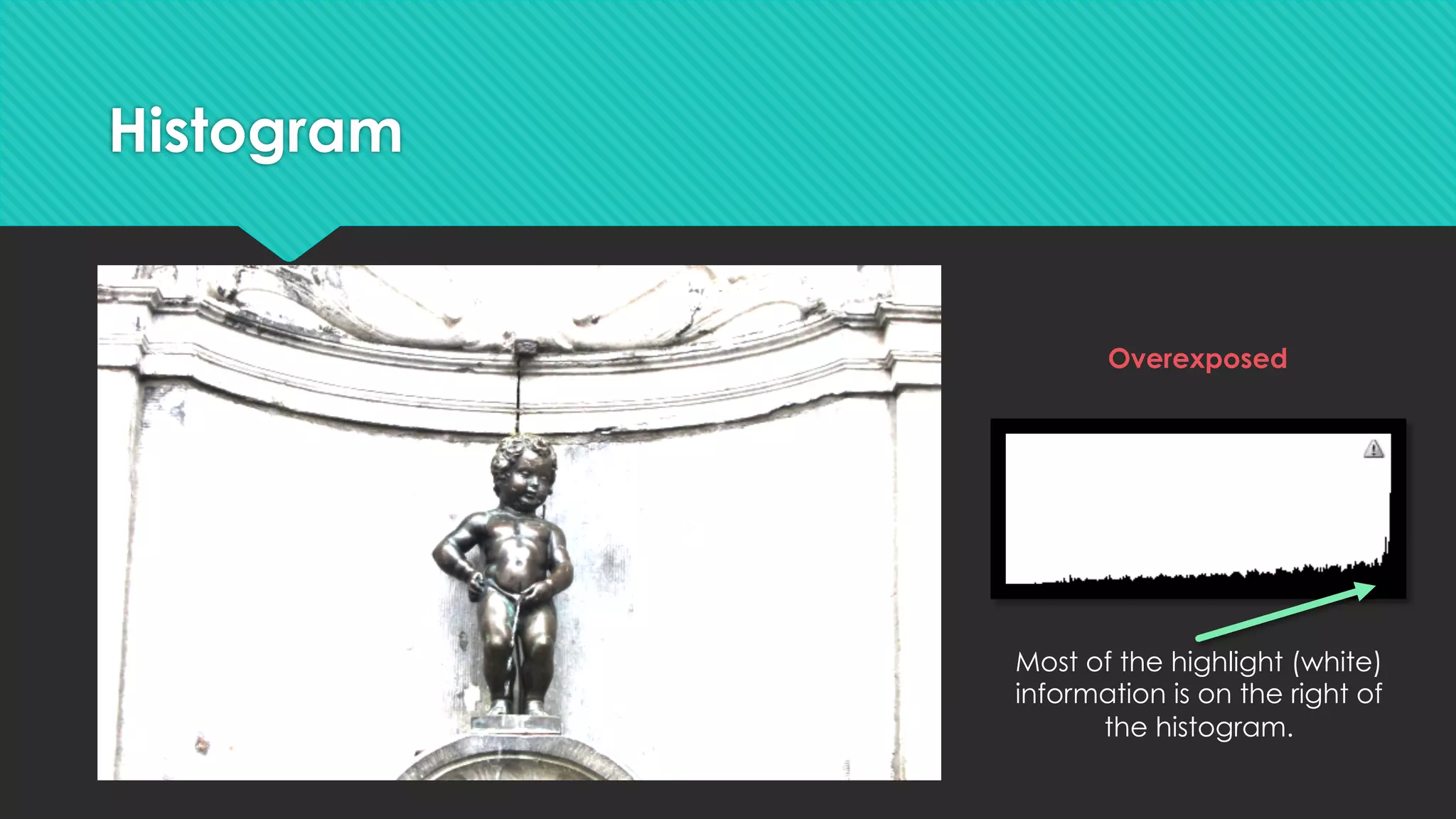 Histogram
Overexposed
Most of the highlight (white)
information is on the right of
the histogram.
 