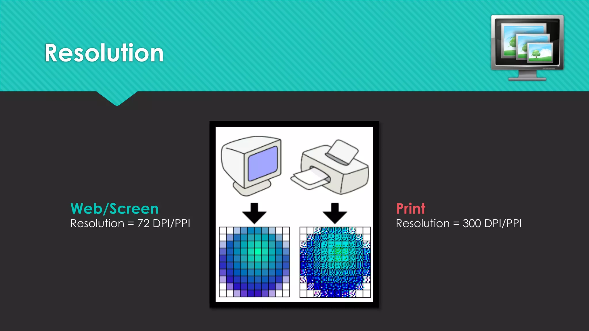 Resolution
Web/Screen
Resolution = 72 DPI/PPI
Print
Resolution = 300 DPI/PPI
 