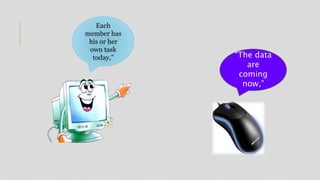 Each
member has
his or her
own task
today,” “The data
are
coming
now,”
 