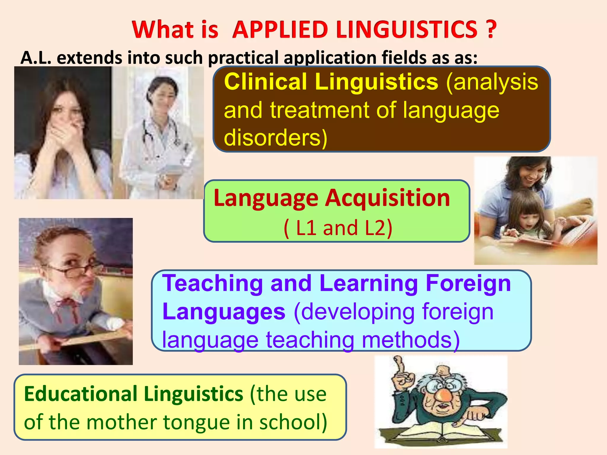 A.L. extends into such practical application fields as as:
Language Acquisition
( L1 and L2)
Teaching and Learning Foreign
Languages (developing foreign
language teaching methods)
Clinical Linguistics (analysis
and treatment of language
disorders)
Educational Linguistics (the use
of the mother tongue in school)
 
