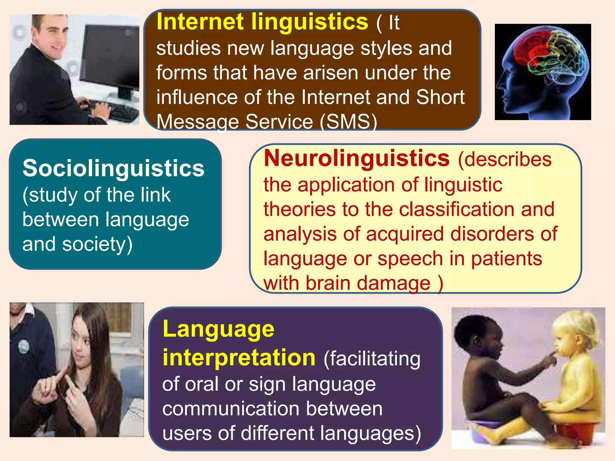 Language
interpretation (facilitating
of oral or sign language
communication between
users of different languages)
Neurolinguistics (describes
the application of linguistic
theories to the classification and
analysis of acquired disorders of
language or speech in patients
with brain damage )
Internet linguistics ( It
studies new language styles and
forms that have arisen under the
influence of the Internet and Short
Message Service (SMS)
Sociolinguistics
(study of the link
between language
and society)
 