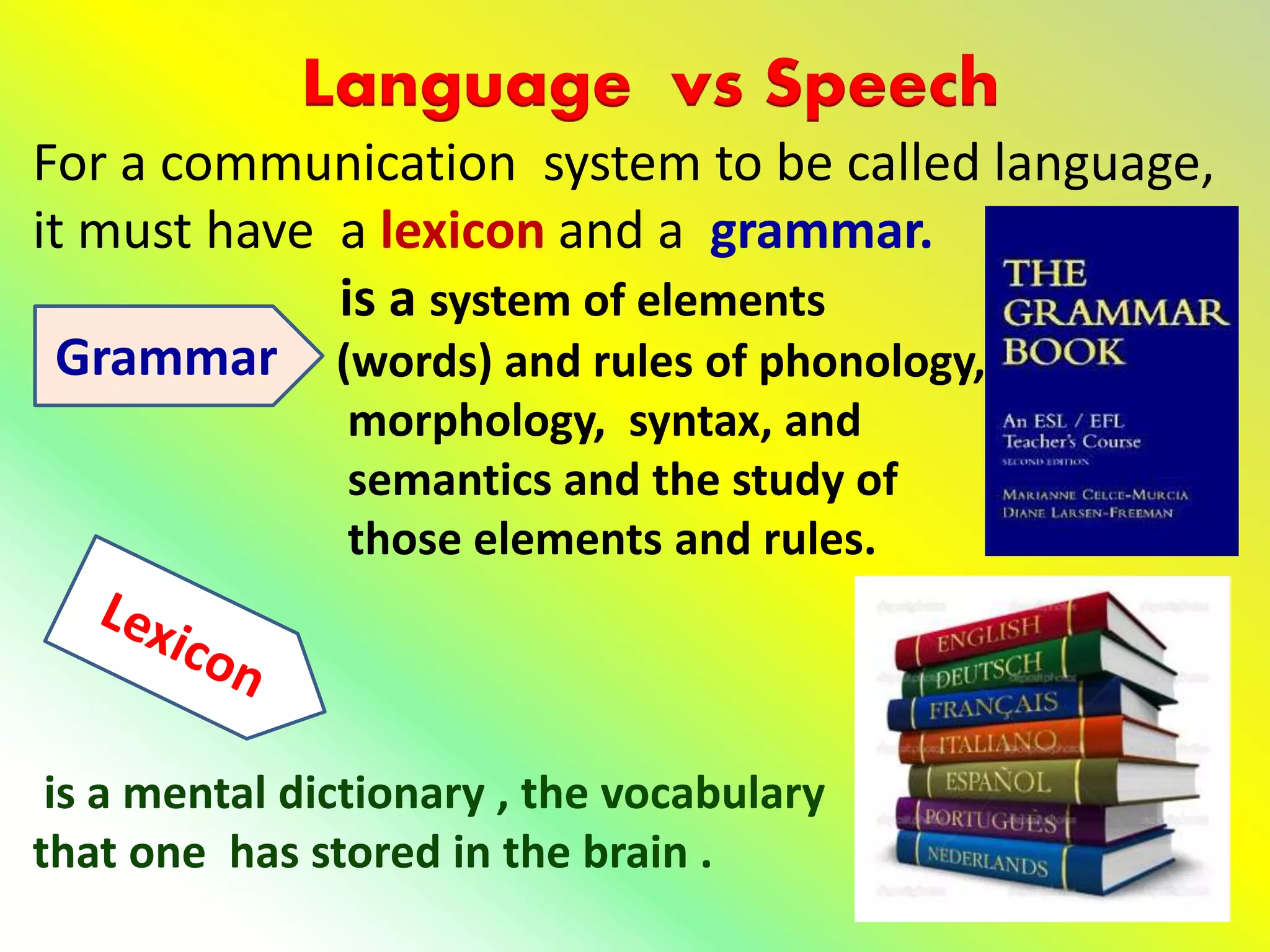 Language vs Speech
For a communication system to be called language,
it must have a lexicon and a grammar.
is a system of elements
(words) and rules of phonology,
morphology, syntax, and
semantics and the study of
those elements and rules.
is a mental dictionary , the vocabulary
that one has stored in the brain .
Grammar
 
