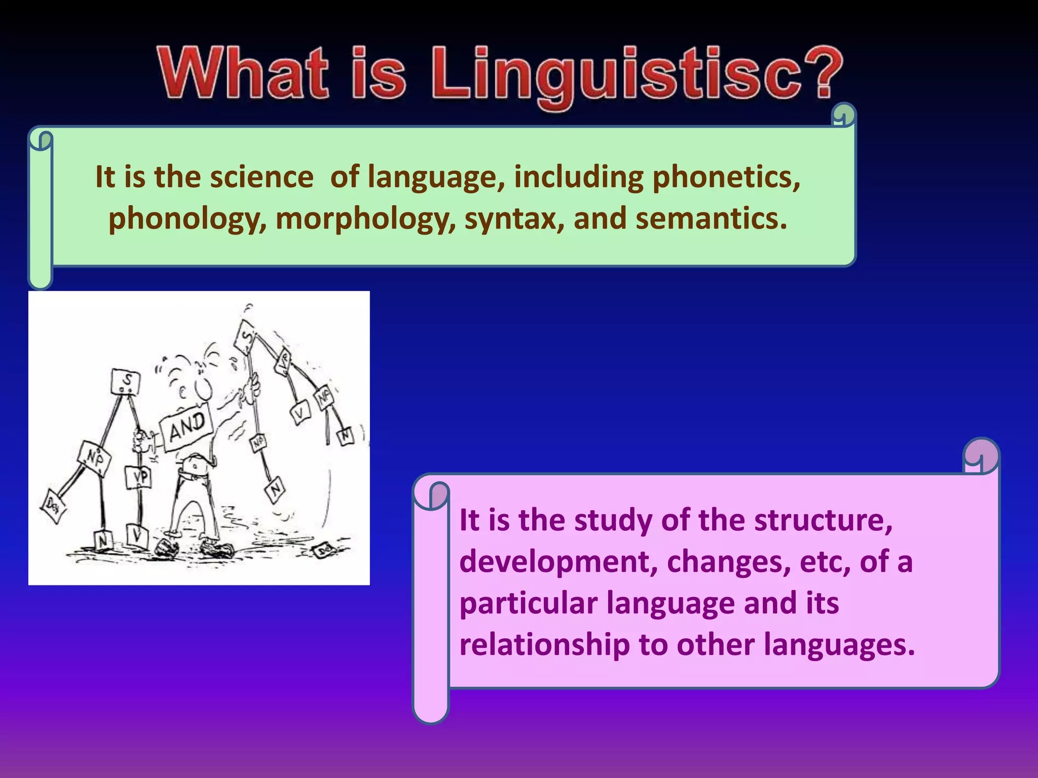 It is the science of language, including phonetics,
phonology, morphology, syntax, and semantics.
It is the study of the structure,
development, changes, etc, of a
particular language and its
relationship to other languages.
 
