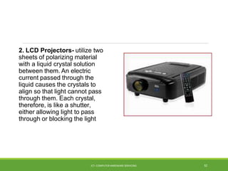 2. LCD Projectors- utilize two
sheets of polarizing material
with a liquid crystal solution
between them. An electric
current passed through the
liquid causes the crystals to
align so that light cannot pass
through them. Each crystal,
therefore, is like a shutter,
either allowing light to pass
through or blocking the light
ICT- COMPUTER HARDWARE SERVICING 32
 