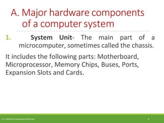 A. Major hardware components
of a computer system
ICT- COMPUTER HARDWARE SERVICING 4
1. System Unit- The main part of a
microcomputer, sometimes called the chassis.
It includes the following parts: Motherboard,
Microprocessor, Memory Chips, Buses, Ports,
Expansion Slots and Cards.
 