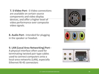 7. S-Video Port - S-Video connections
are available on certain source
components and video display
devices, and offer a higher level of
video performance over composite
video signals.
8. Audio Port - Intended for plugging
in the speaker or headset.
9. LAN (Local Area Networking) Port -
A physical interface often used for
terminating twisted pair type cables
used to connect computers onto a
local-area networks (LAN), especially
Ethernet RJ-45 connectors
ICT- COMPUTER HARDWARE SERVICING 40
 