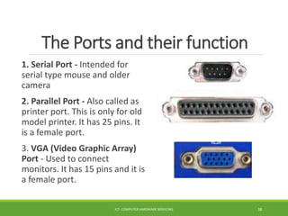 The Ports and their function
1. Serial Port - Intended for
serial type mouse and older
camera
2. Parallel Port - Also called as
printer port. This is only for old
model printer. It has 25 pins. It
is a female port.
3. VGA (Video Graphic Array)
Port - Used to connect
monitors. It has 15 pins and it is
a female port.
ICT- COMPUTER HARDWARE SERVICING 38
 