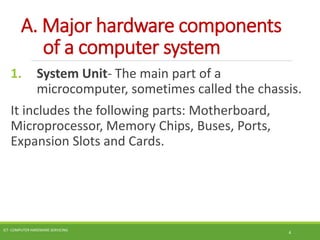A. Major hardware components
of a computer system
1. System Unit- The main part of a
microcomputer, sometimes called the chassis.
It includes the following parts: Motherboard,
Microprocessor, Memory Chips, Buses, Ports,
Expansion Slots and Cards.
ICT- COMPUTER HARDWARE SERVICING
4
 