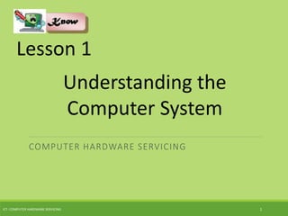 COMPUTER HARDWARE SERVICING
ICT- COMPUTER HARDWARE SERVICING 1
Lesson 1
Understanding the
Computer System
 