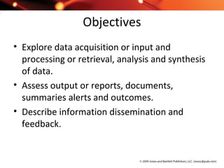 Objectives
• Explore data acquisition or input and
processing or retrieval, analysis and synthesis
of data.
• Assess output or reports, documents,
summaries alerts and outcomes.
• Describe information dissemination and
feedback.
 