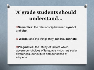 ‘A’ grade students should
understand...
OSemantics: the relationship between symbol
and sign
O Words: and the things they denote, connote
OPragmatics: the study of factors which
govern our choices of language – such as social
awareness, our culture and our sense of
etiquette
 