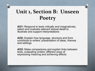 Unit 1, Section B: Unseen
Poetry
AO1: Respond to texts critically and imaginatively;
select and evaluate relevant textual ...
