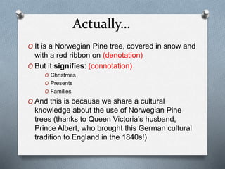 Actually…
O It is a Norwegian Pine tree, covered in snow and
with a red ribbon on (denotation)
O But it signifies: (connotation)
O Christmas
O Presents
O Families
O And this is because we share a cultural
knowledge about the use of Norwegian Pine
trees (thanks to Queen Victoria’s husband,
Prince Albert, who brought this German cultural
tradition to England in the 1840s!)
 