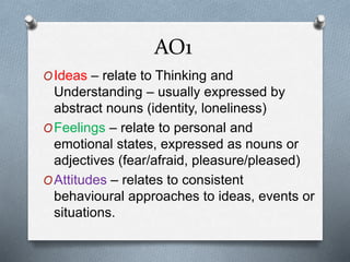 AO1
OIdeas – relate to Thinking and
Understanding – usually expressed by
abstract nouns (identity, loneliness)
OFeelings – relate to personal and
emotional states, expressed as nouns or
adjectives (fear/afraid, pleasure/pleased)
OAttitudes – relates to consistent
behavioural approaches to ideas, events or
situations.
 