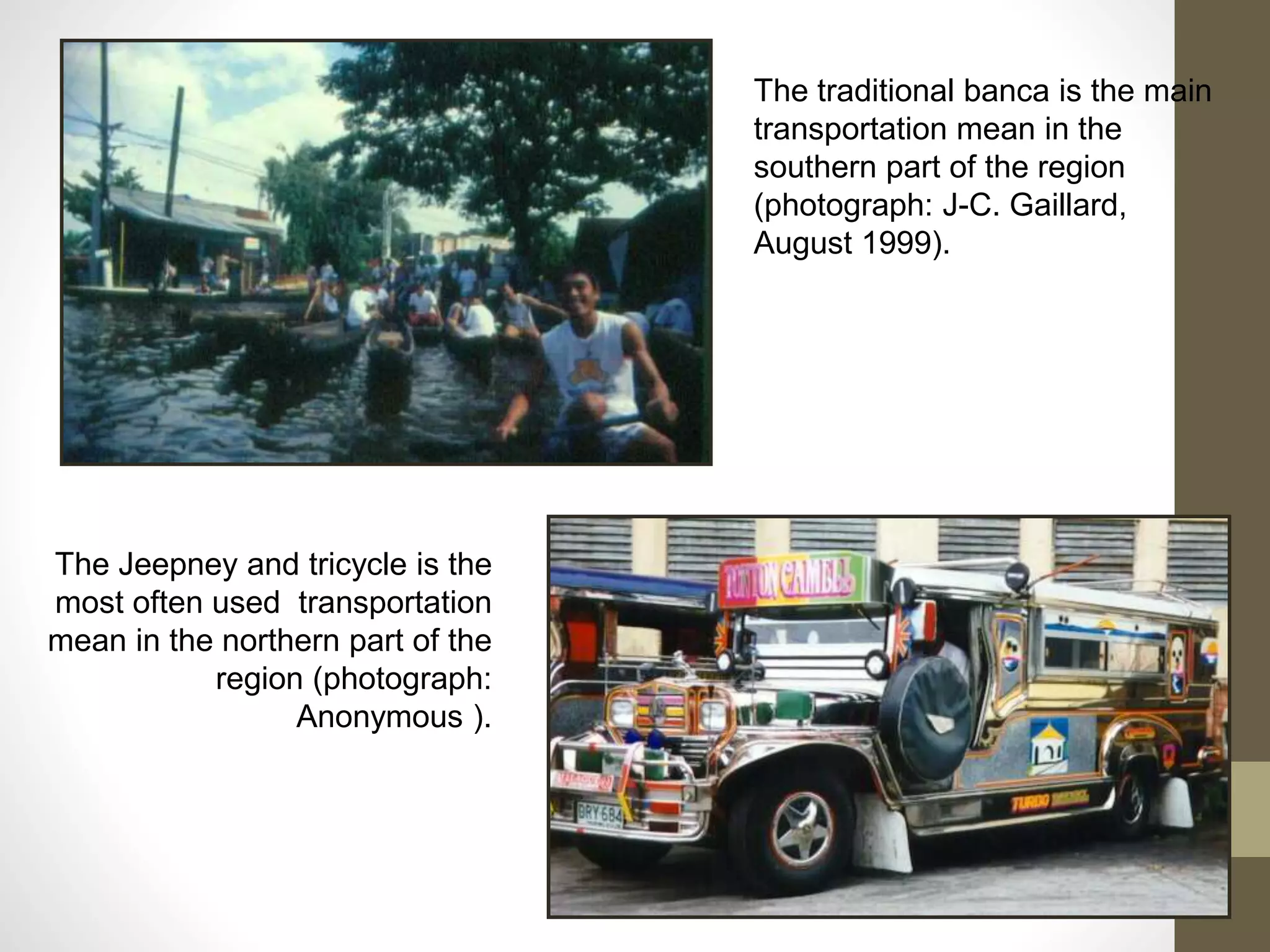 The traditional banca is the main
transportation mean in the
southern part of the region
(photograph: J-C. Gaillard,
August 1999).
The Jeepney and tricycle is the
most often used transportation
mean in the northern part of the
region (photograph:
Anonymous ).
 