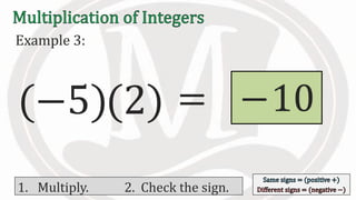 Example 3:
(−5)(2) 10
1. Multiply. 2. Check the sign.
= −
 