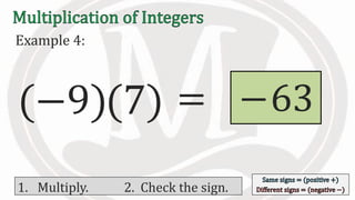 Example 4:
(−9)(7) 63
1. Multiply. 2. Check the sign.
= −
 