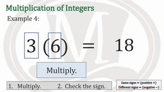 Example 4:
3 (6) 18
1. Multiply. 2. Check the sign.
Multiply.
=
 