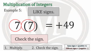 Example 5:
7 (7) 49
1. Multiply. 2. Check the sign.
=
Check the sign.
LIKE signs.
+
 