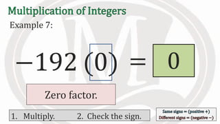 Multiply.Zero factor.
Example 7:
−192 (0) 0
1. Multiply. 2. Check the sign.
=
 