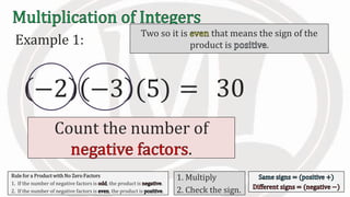 Count the number of
.
Example 1:
−2 −3 (5) 30=
Two so it is that means the sign of the
product is .
Rule for a Product with No Zero Factors
1. If the number of negative factors is , the product is .
2. If the number of negative factors is , the product is .
1. Multiply
2. Check the sign.
 