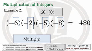 Multiply.
Example 2:
−6 −2 (−5)(−8) 480=
6 212 (5)60 (8)
Rule for a Product with No Zero Factors
1. If the number of negative factors is , the product is .
2. If the number of negative factors is , the product is .
1. Multiply
2. Check the sign.
 