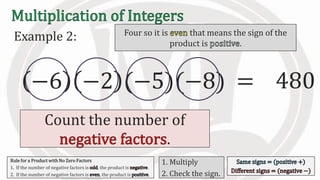 Example 2:
−6 −2 (−5)(−8) 480=
Count the number of
.
Four so it is that means the sign of the
product is .
Rule for a Product with No Zero Factors
1. If the number of negative factors is , the product is .
2. If the number of negative factors is , the product is .
1. Multiply
2. Check the sign.
 