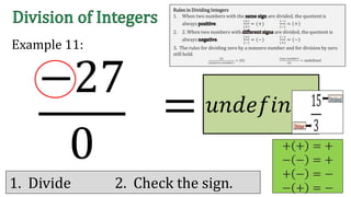 −27
0
Example 11:
= 𝑢𝑛𝑑𝑒𝑓𝑖𝑛𝑒𝑑
+ + = +
− − = +
+ − = −
− + = −1. Divide 2. Check the sign.
Rules in Dividing Integers
1. When two numbers with the are divided, the quotient is
always .
(+)
(+)
= (+)
(−)
(−)
= +
2. 2. When two numbers with are divided, the quotient is
always .
(+)
(−)
= (−)
(−)
(+)
= (−)
3. The rules for dividing zero by a nonzero number and for division by zero
still hold.
(0)
(𝑛𝑜𝑛𝑧𝑒𝑟𝑜 𝑛𝑢𝑚𝑏𝑒𝑟)
= (0)
(𝑎𝑛𝑦 𝑛𝑢𝑚𝑏𝑒𝑟)
(0)
= undefined
 