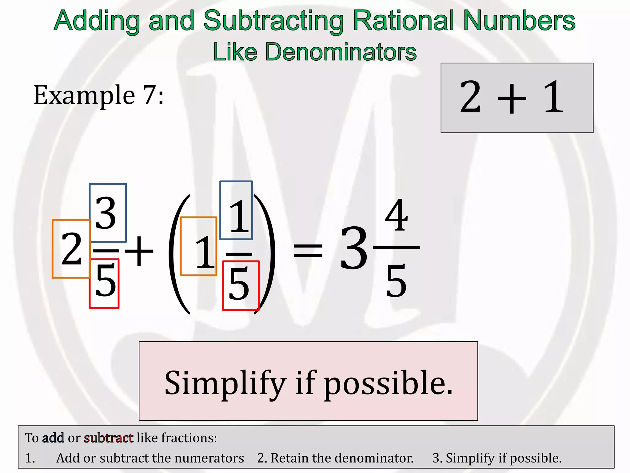 To or like fractions:
1. Add or subtract the numerators 2. Retain the denominator. 3. Simplify if possible.
Example 7:
2
3
5
+ 1
1
5
=
4
5
/ the
numerators.
3 + 4
Retain the
.
Add/subtract the
whole numbers
3
Simplify if possible.
2 + 1
 