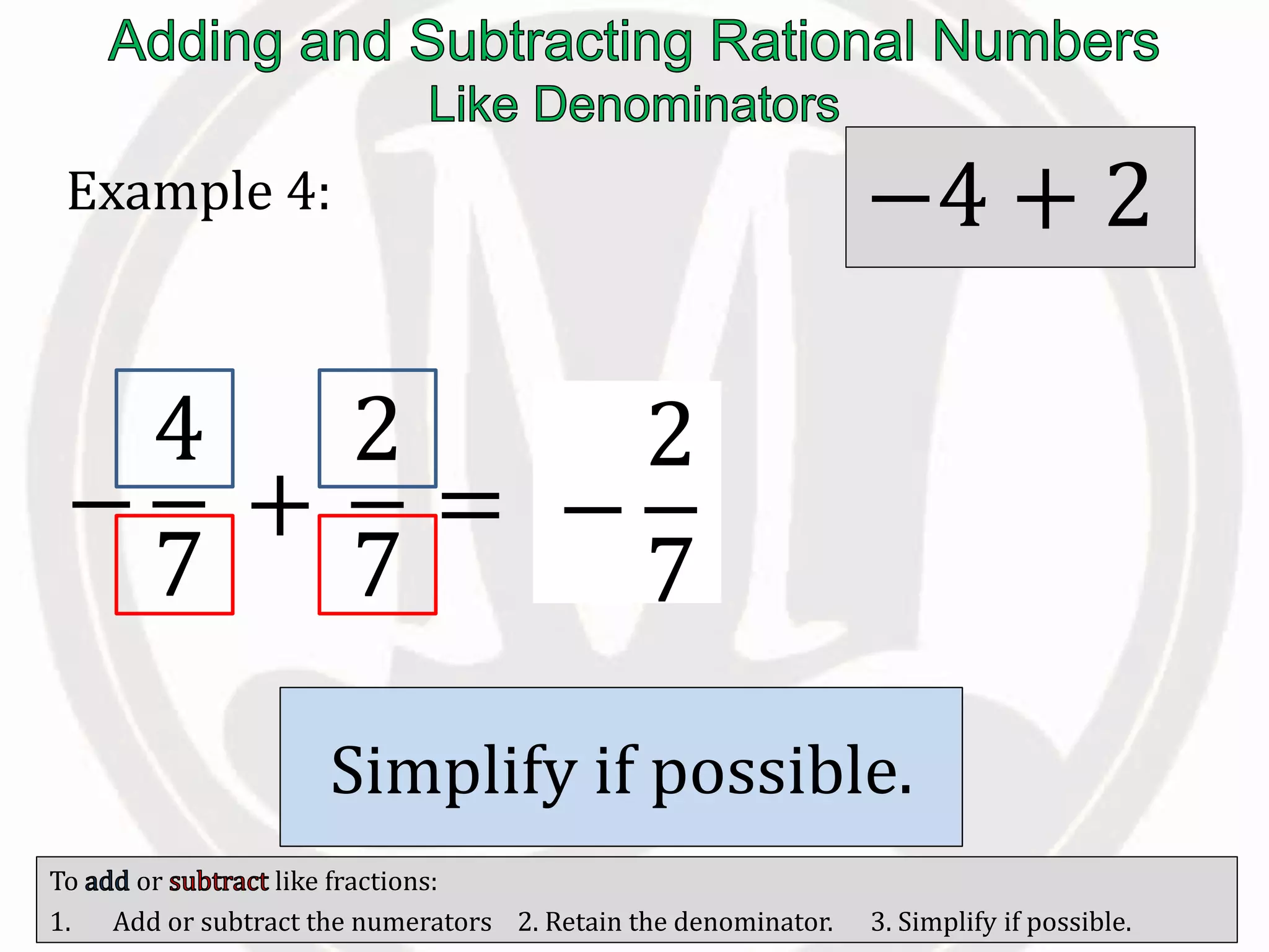 To or like fractions:
1. Add or subtract the numerators 2. Retain the denominator. 3. Simplify if possible.
Example 4:
−
4
7
+
2
7
=
−2
7
/ the
numerators.
−4 + 2
Retain the
.
Simplify if possible.
−
2
7
 