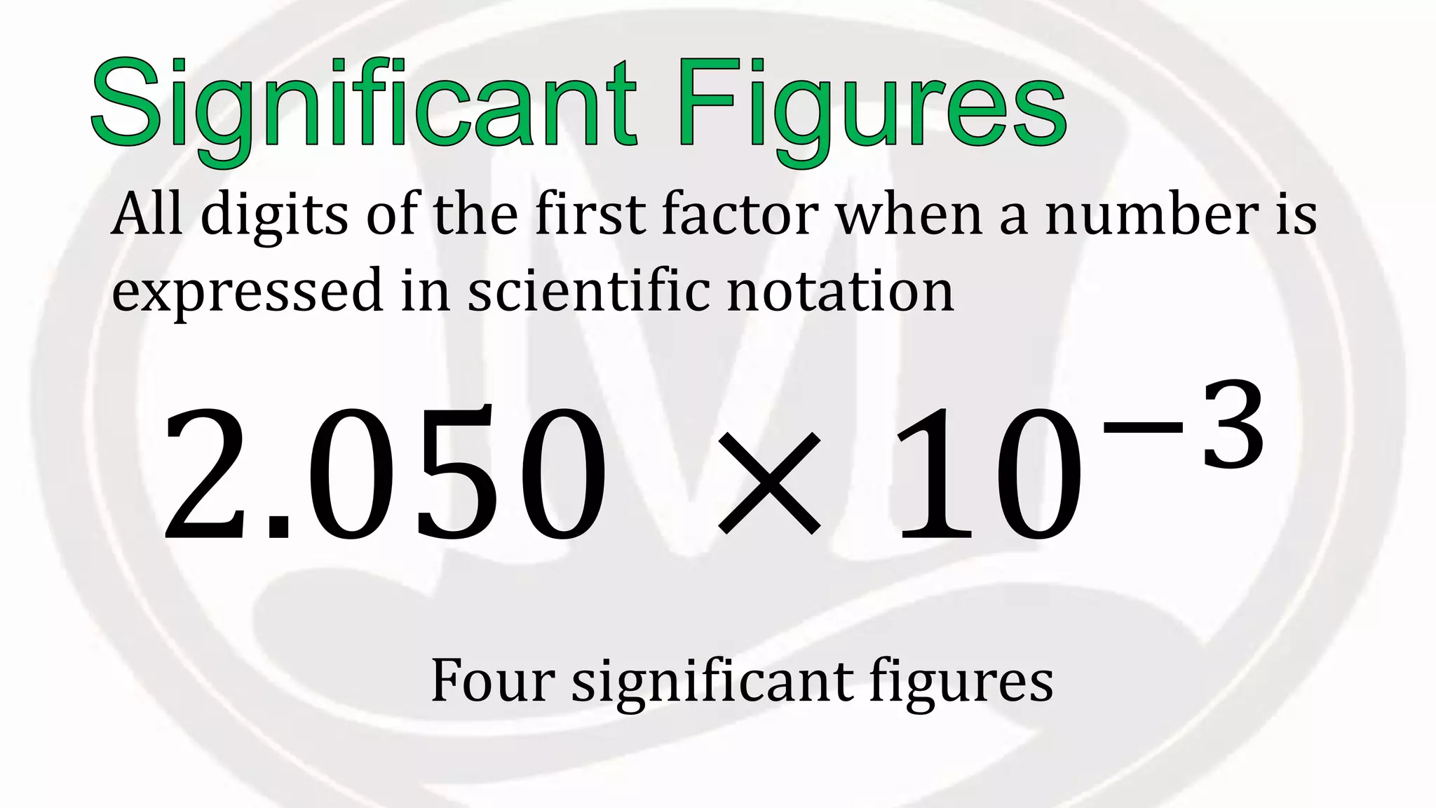 All digits of the first factor when a number is
expressed in scientific notation
Four significant figures
2.050 × 10−3
 