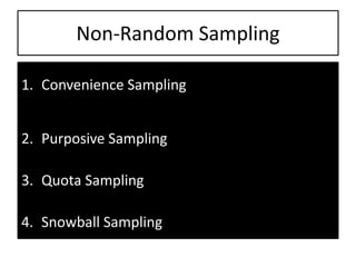 Non-Random Sampling
1. Convenience Sampling
2. Purposive Sampling
3. Quota Sampling
4. Snowball Sampling
 