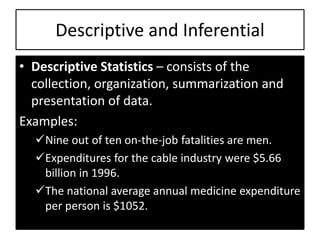 Descriptive and Inferential
• Descriptive Statistics – consists of the
collection, organization, summarization and
presentation of data.
Examples:
Nine out of ten on-the-job fatalities are men.
Expenditures for the cable industry were $5.66
billion in 1996.
The national average annual medicine expenditure
per person is $1052.
 