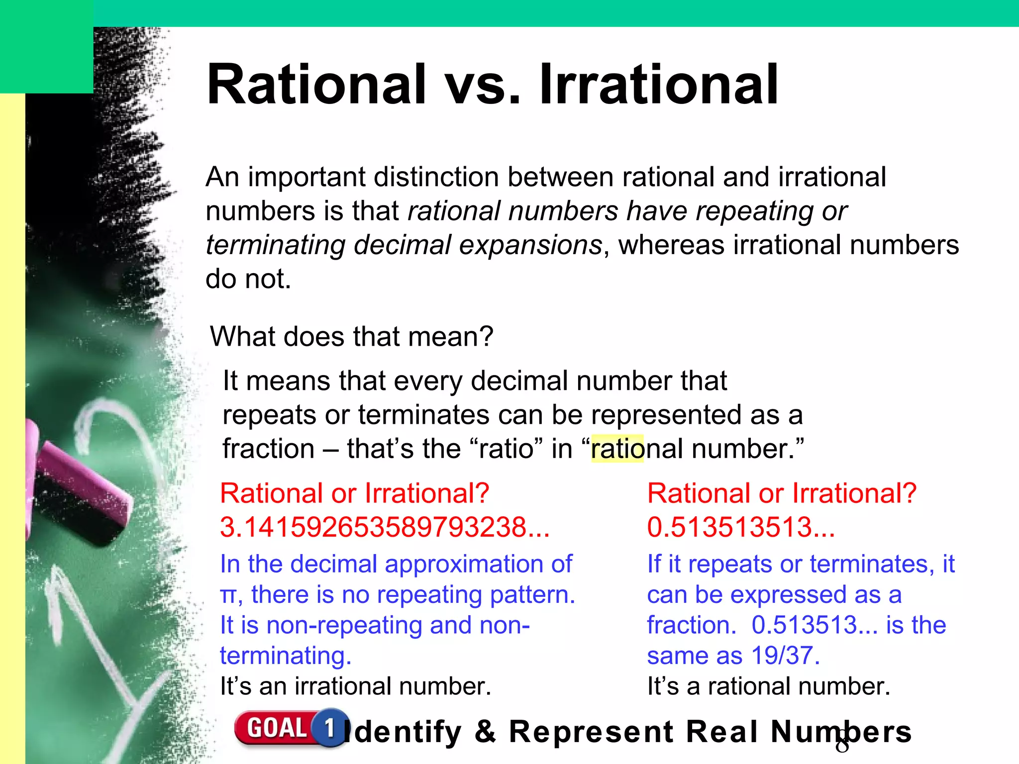 8
It means that every decimal number that
repeats or terminates can be represented as a
fraction – that’s the “ratio” in “rational number.”
Rational vs. Irrational
An important distinction between rational and irrational
numbers is that rational numbers have repeating or
terminating decimal expansions, whereas irrational numbers
do not.
What does that mean?
Rational or Irrational?
3.141592653589793238...
In the decimal approximation of
π, there is no repeating pattern.
It is non-repeating and non-
terminating.
It’s an irrational number.
Rational or Irrational?
0.513513513...
If it repeats or terminates, it
can be expressed as a
fraction. 0.513513... is the
same as 19/37.
It’s a rational number.
Identify & Represent Real Numbers
 