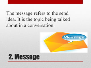 2. Message
The message refers to the send
idea. It is the topic being talked
about in a conversation.
 