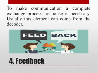 4. Feedback
To make communication a complete
exchange process, response is necessary.
Usually this element can come from the
decoder.
 