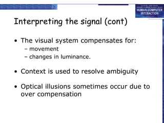 Interpreting the signal (cont)
• The visual system compensates for:
– movement
– changes in luminance.
• Context is used to resolve ambiguity
• Optical illusions sometimes occur due to
over compensation
 