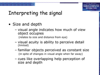 Interpreting the signal
• Size and depth
– visual angle indicates how much of view
object occupies
(relates to size and distance from eye)
– visual acuity is ability to perceive detail
(limited)
– familiar objects perceived as constant size
(in spite of changes in visual angle when far away)
– cues like overlapping help perception of
size and depth
 