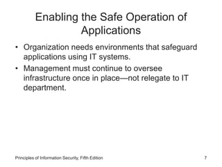 Enabling the Safe Operation of
Applications
• Organization needs environments that safeguard
applications using IT systems.
• Management must continue to oversee
infrastructure once in place—not relegate to IT
department.
Principles of Information Security, Fifth Edition 7
 