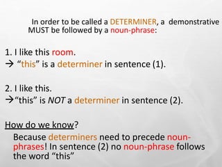 In order to be called a DETERMINER, a demonstrative
MUST be followed by a noun-phrase:
1. I like this room.
 “this” is a determiner in sentence (1).
2. I like this.
“this” is NOT a determiner in sentence (2).
How do we know?
Because determiners need to precede noun-
phrases! In sentence (2) no noun-phrase follows
the word “this”
 